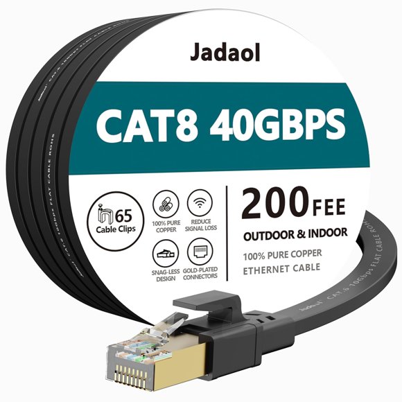 Cat8 Ethernet Cable, Outdoor&Indoor, 200FT Heavy Duty High Speed Cat 8 LAN Network Cable, 40Gbps 2000MHz RJ45 Flat Internet Computer Patch Cord, Weat