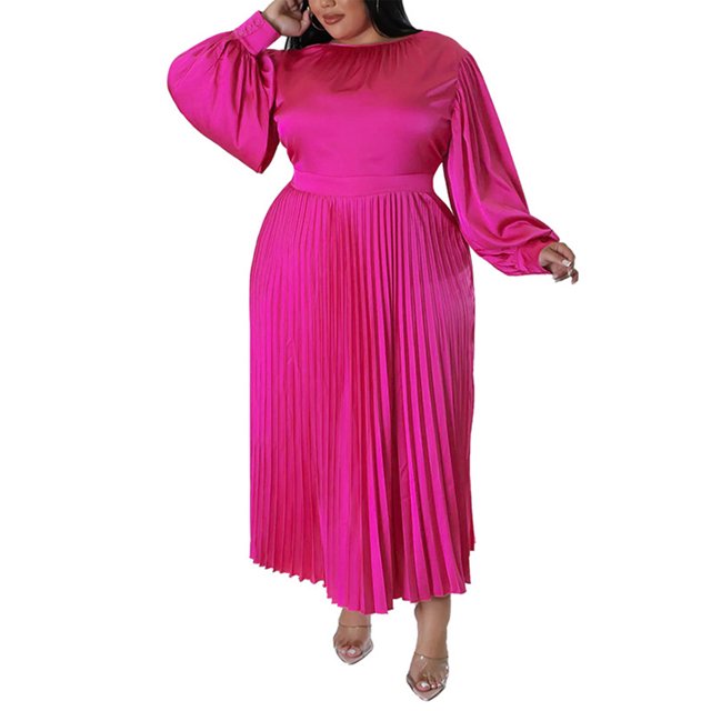 LUXUR Femmes Maxi Robe Cou Robes Couleur Unie Casual en Vrac Manches Longues Rose Rouge 2XL