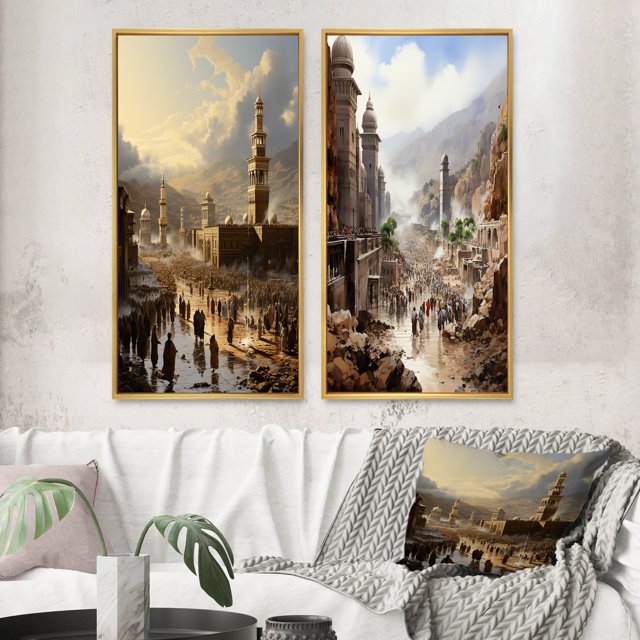 Designart "Hajj Pilgrimage Islam wall decor V" Islam Framed Wall Art Set Of 2 - Yellow Spiritual Frame Gallery Set For Office Decor