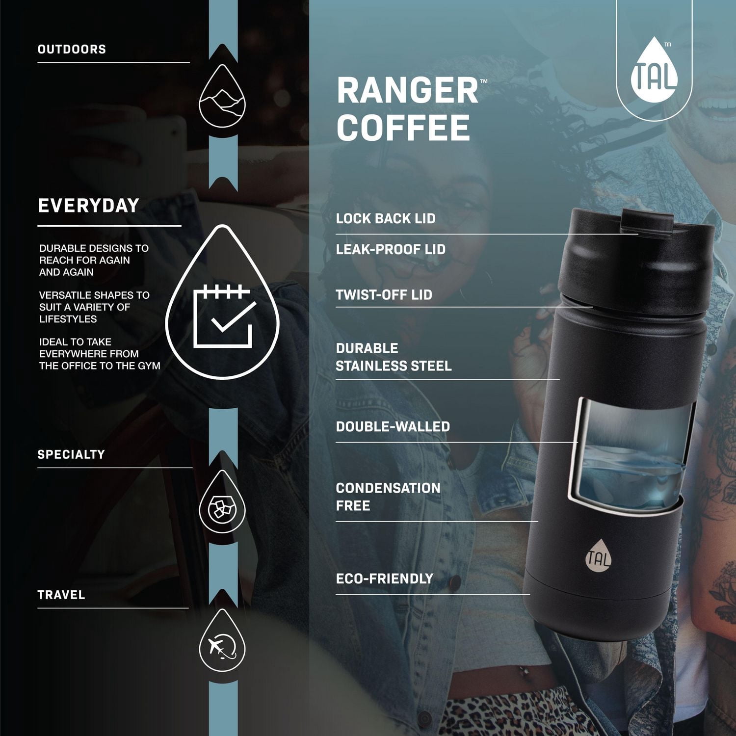 TAL Tasse à café alpiniste en acier inoxydable 20 fl oz, noir