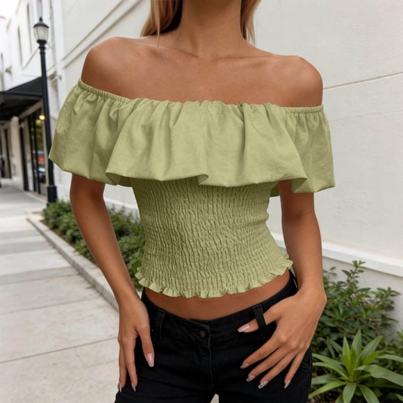 Craaazy Womens Short Sleeve Tops Solid Color Ruffle Trim Smocked Waist Off-Shoulder Crop Casual Tops for Spring Summer Daily Wear