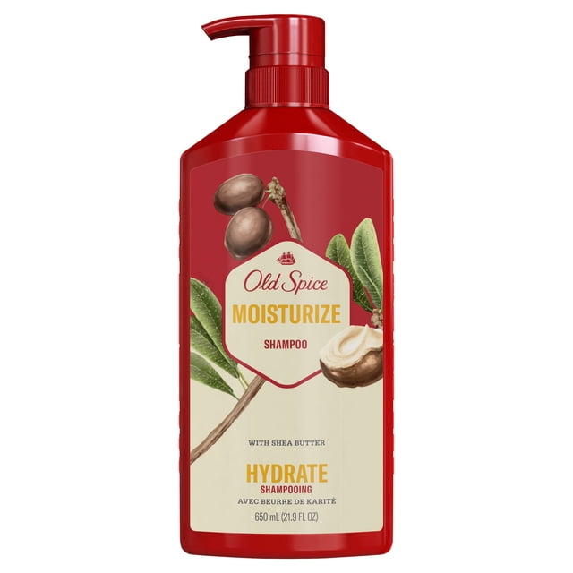 Old Spice Moisturize with Shea Butter Shampoo for Men in a red 650 ml pump bottle featuring shea nut and leaf illustrations, designed to hydrate and soften hair with a fresh, manly scent inspired by barbershop quality, also suitable for daily grooming routines.