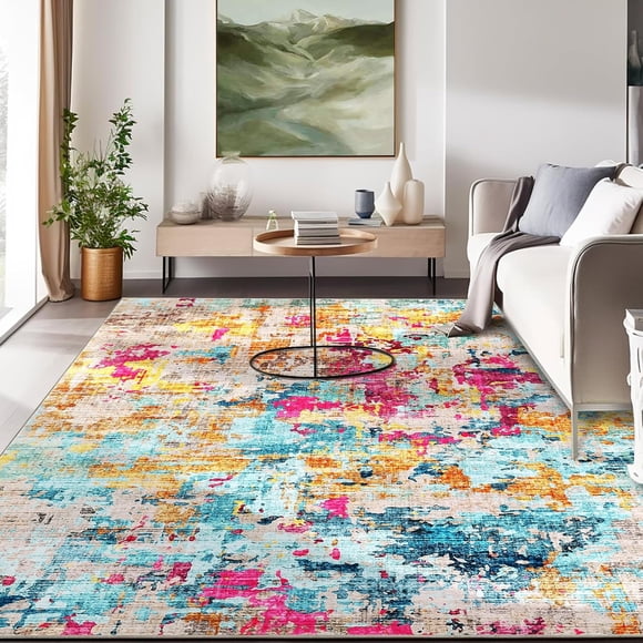Twister.CK Washable Abstract Area Rug, 5' x 7' Boho Living Room Bedroom Rug Modern Non-Slip Non-Shedding Low Pile Throw Rug for Dining Room Home, Milticolor