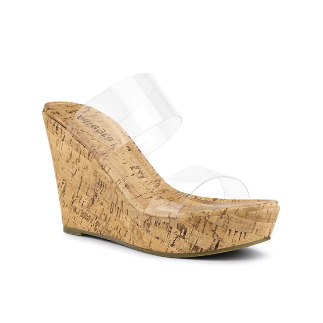 BLISSFUL STEP Sandales à Talon Compensé pour Femmes à Plateforme avec Brides Transparentes en Taille 6.5. Ces Sandales Présentent un Talon Compensé de 4 5/7 Po avec une Finition à Texture Liège et Deux Brides Transparentes en TPU pour un design Moderne à Bout Ouvert. la Semelle Extérieure Est en TPR pour l'Adhérence, et le Talon Compensé Combine Similicuir et PVC pour le Confort et la Durabilité. Idéal pour les Sorties Décontractées Ou les Tenues d'Été, Elles s'Agencent Bien avec des Robes, des shorts Ou des Pantalons Raccourcis.