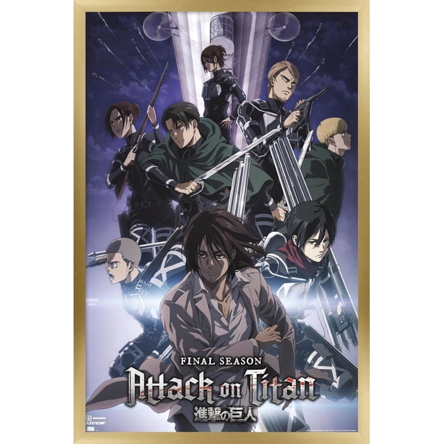 Attack on Titan: Season 4 - Key Visual 2 Wall Poster, 22.375" x 34", depicting anime characters in black tactical gear wielding swords and rifles, posed dynamically before a tall tower under a dark night sky, printed on glossy paper suitable for home wall décor.