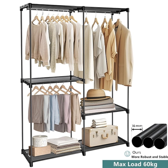 Metal Clothes Rack with 3 Hanging Rods and Shelves, Large 56" Wide Portable Wardrobe Closet Clothing Rack for Hanging Clothes, Black