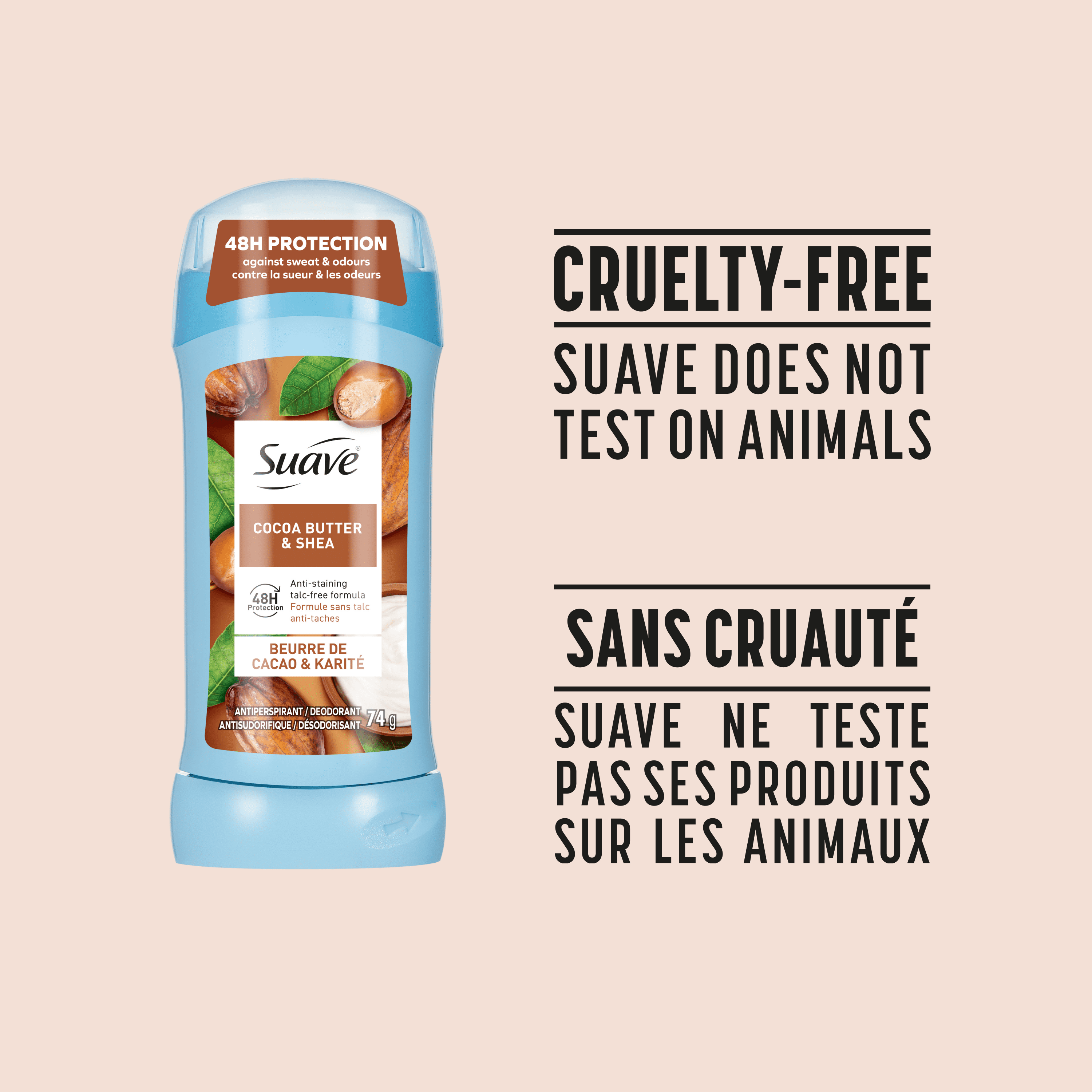 Déodorant antisudorifique pour femmes Suave, Invisible, bâton de déodorant pour les aisselles, protection contre les odeurs et l’humidité 48 heures, fragrance beurre de cacao et karité, 74g