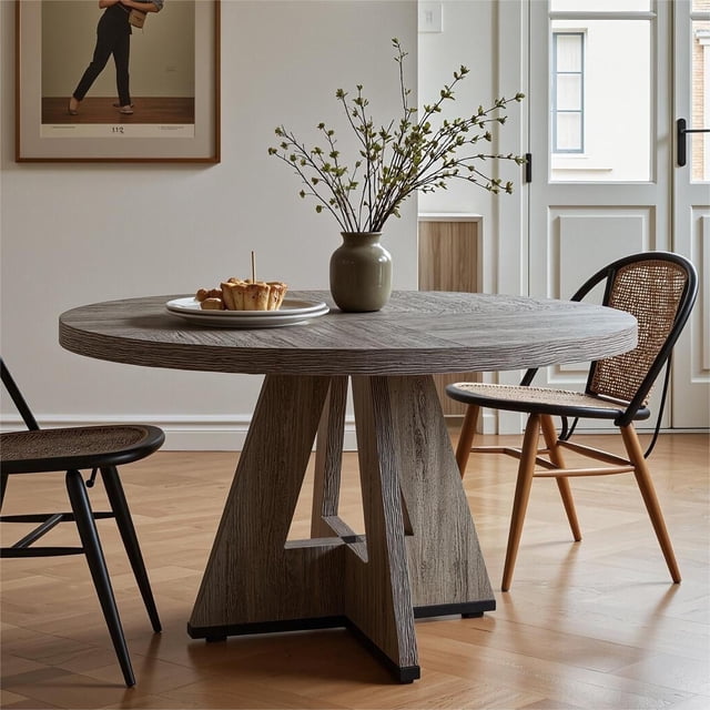 Fnova 47" Coffee Table, a round dining table for 4 people, designed in a modern farmhouse style with a grey wooden finish. The table features a 1.18-inch thick waterproof and scratch-resistant top and sturdy 1.57-inch thick legs with an upgraded stable structure. Suitable for kitchens or living rooms, it blends seamlessly into various home decor styles. Its compact size also makes it ideal for small dining spaces or multipurpose use as a casual workspace.
