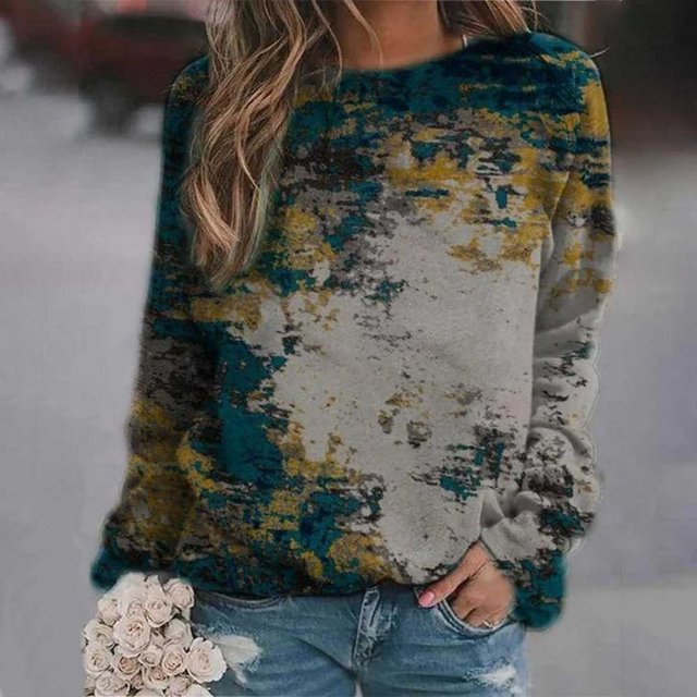 Chemises pour Femmes Chandails en Molleton Décontractés Imprimés Thermiques Col Rond Manches Longues T-Shirts Amples Hauts pour Femmes Bleu G