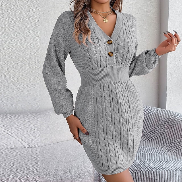 FcBaudy Robe à Manches Longues à Col en V, Robes d'Été pour Femmes, Robes pour Femmes Mode Robe Décontractée à Manches Longues pour Femme Col en V à Boutons Robes de Sortie Unies Robe pour Femme