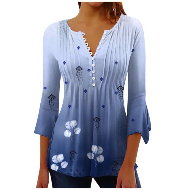 CEHVOM T-shirts Plissés Basiques à Manches 3/4 Trompette Imprimée Boutonnée pour Femmes en Solde