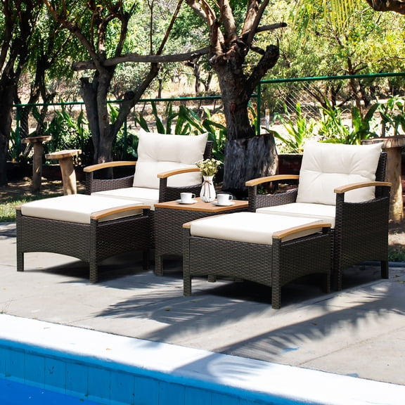 Costway Ensemble de Mobilier de Patio en Rotin 5 Pcs Canapé Ottoman Table Rembourrée avec Dessus en Bois