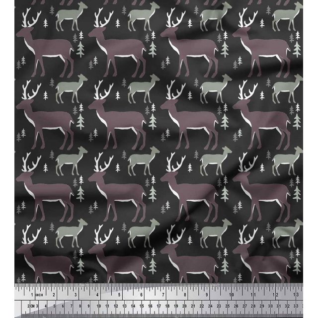 Soimoi Gray Georgette Viscose Fabric Deer Animal Decor Fabric Printed Yard 42 Inch Wide