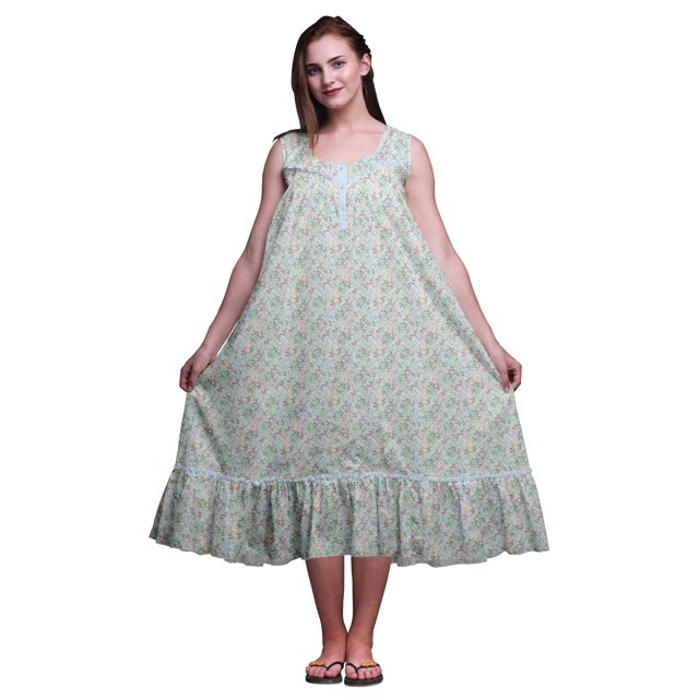 Bimba Light Steel Blue Floral Rabbit & Birds Sleeveless Cotton Nightgowns For Women Printed Mid-Calf Length Sleepwear Small