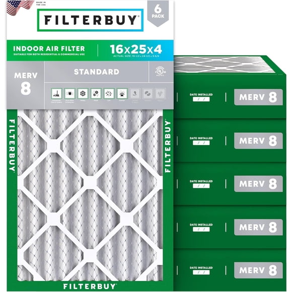 Filterbuy 16x25x4 MERV 8 (MPR 600) Défense contre la Poussière, Filtres à Air Plissés pour CVCA/climatiseur de Four (Lot de 6)