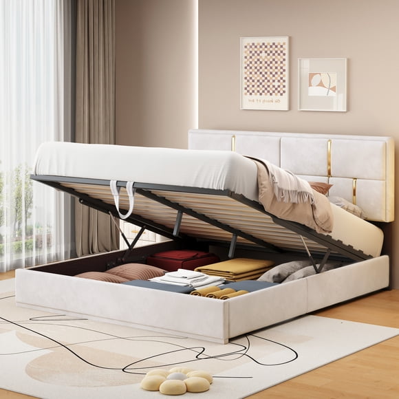 Velmero Queen Size Upholstered Storage Bed with Hydraulic Lift & Easy Assembly - No Box Spring Required,Beige