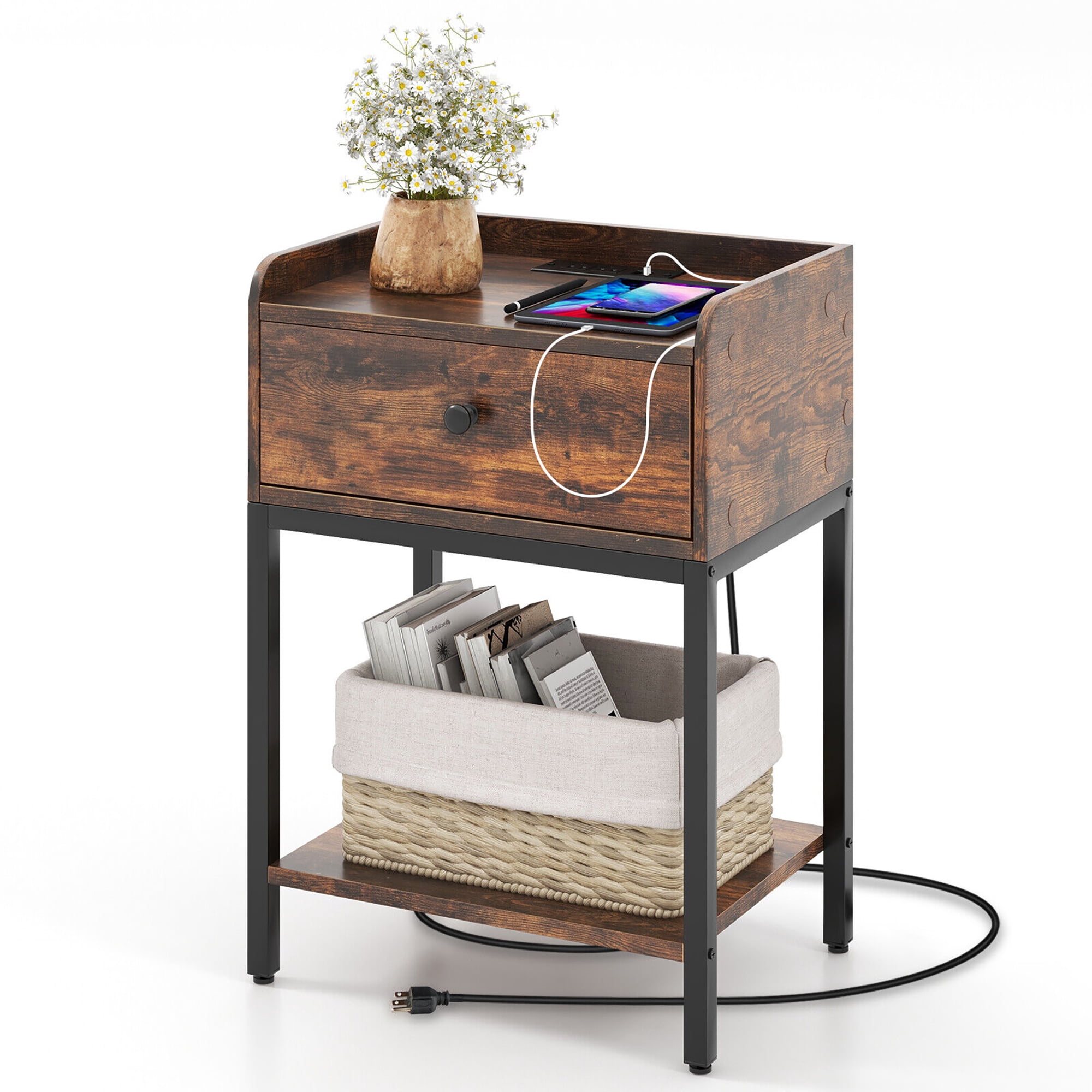 Gymax Nightstand Side End Table w/ Charging Station Drawer Open Shelf for Small Space