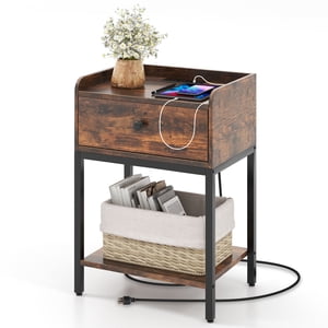 Gymax Nightstand Side End Table w/ Charging Station Drawer Open Shelf for Small Space