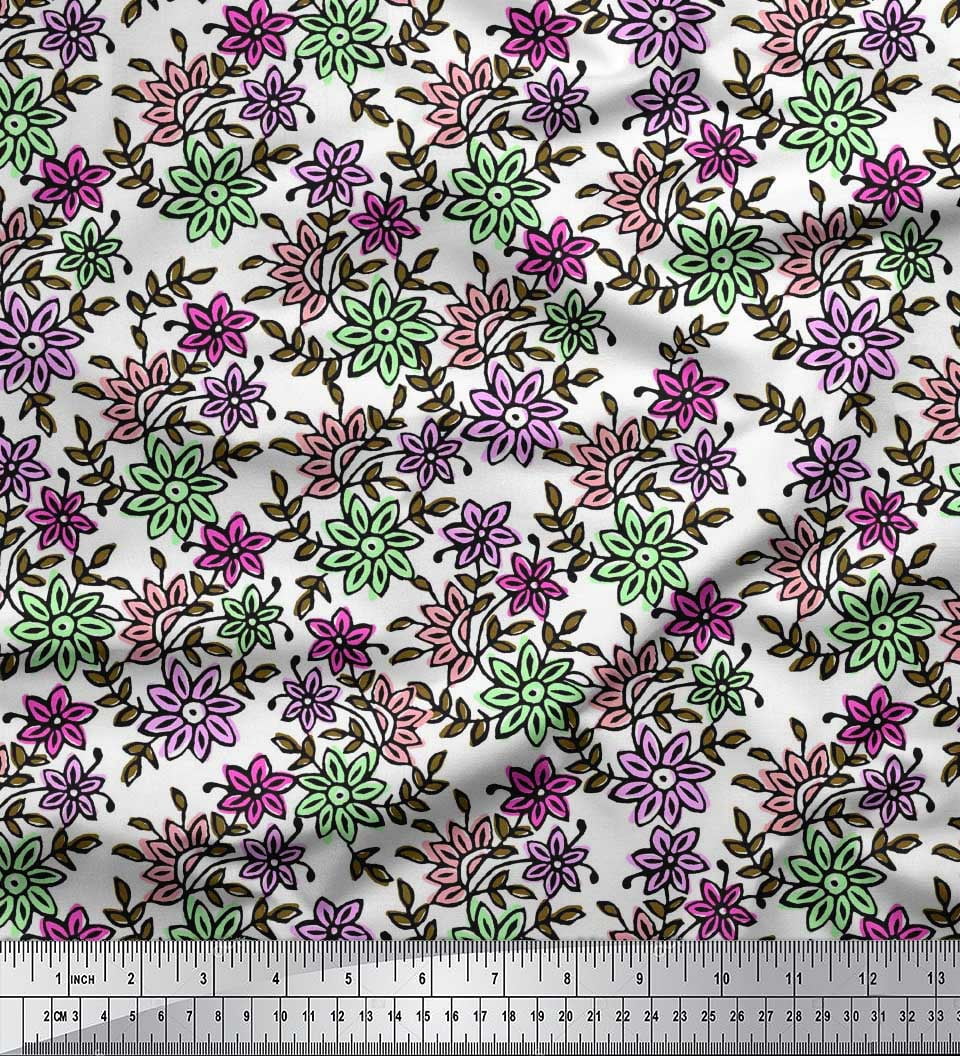 Soimoi Silk Fabric Leaves & Floral Block Print Sewing Fabric Yard 42 Inch Wide