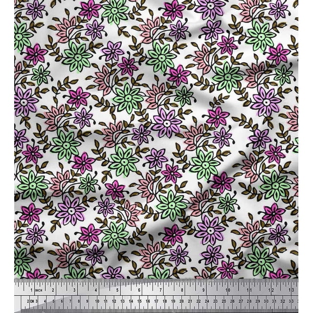 Soimoi Poly Georgette Fabric Leaves & Floral Block Fabric Prints by Yard 52 Inch Wide