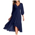 thumbnail image 1 of Robes d'Été pour Femmes en Chiffon Col en V Manches Longues Plissées Longueur Midi Robe Maxi Bleu Foncé TTG, 1 of 5