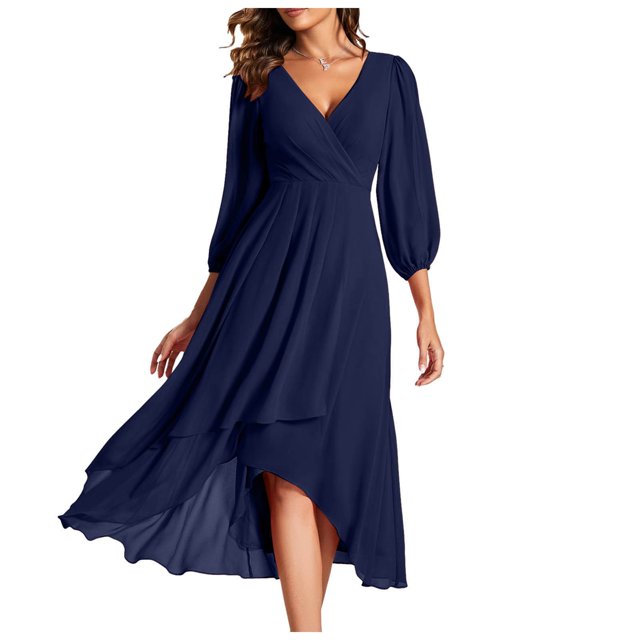 Robes d'Été pour Femmes en Chiffon Col en V Manches Longues Plissées Longueur Midi Robe Maxi Bleu Foncé TTG