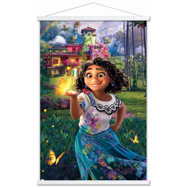 Disney Encanto - One Sheet Wall Poster, 22.375" x 34" depicting a young girl in a white embroidered blouse and blue skirt with floral and butterfly patterns holding a glowing yellow butterfly. The background shows a colorful house surrounded by lush greenery, tall palm trees, butterflies, and a rainbow in the sky, ideal for vibrant home décor.