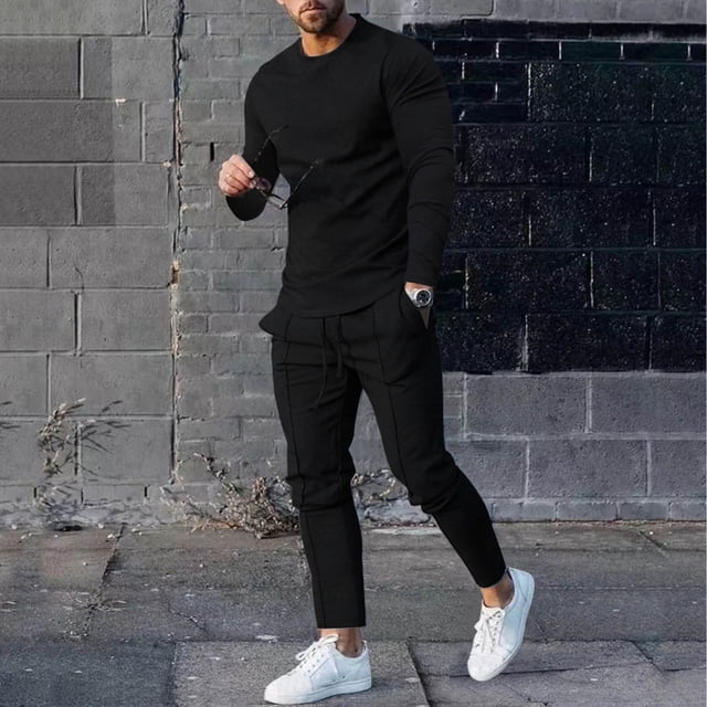 TIMIFIS Men's Tracksuit 2 Piece Sweatsuit Workout Long Sleeve Solid Color Suit Round Neck Long Sleeve T-Shirt Trousers Tight Two Piece SetFall