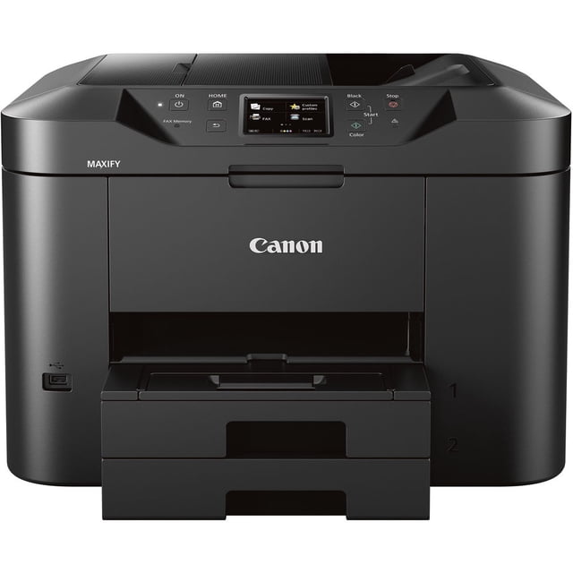 Canon Maxify MB2720 Small Office/Home Office All-in-One Inkjet Printer in matte black, front-facing with 3.0-inch color LCD touchscreen, control buttons for copy, fax, scan, start/stop, dual paper trays, and Canon logo, designed for wireless and Ethernet connectivity, ideal for efficient home office printing.