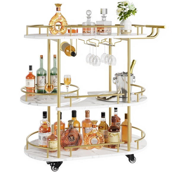 Garvee Bar Serving Cart, 3-Tier Storage Shelves, Wine Rack, Glass Holder, Golden & White