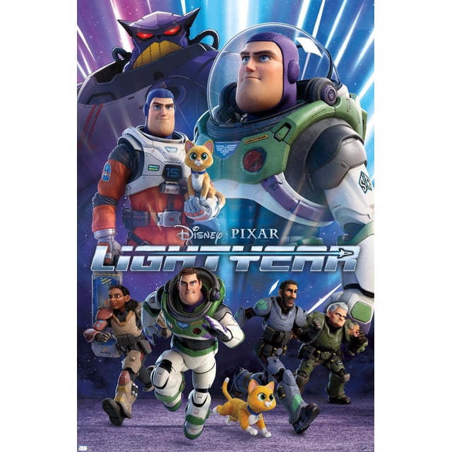 Disney Pixar Lightyear - Affiche Murale de Groupe avec Cadre Magnétique, 22,375 Pouces x 34 Pouces Montrant Buzz Lightyear dans Sa Combinaison Spatiale Blanche et Verte avec un Casque Transparent, Accompagné d'Un Petit Chat orange avec un Col Bleu. D'Autres Personnages en Armure Futuriste Courent vers l'Avant sur un Fond Cosmique avec des Faisceaux de Lumière Bleus et Violets. les logos Disney Pixar et Lightyear Sont Centrés, Convenant à la Déco de la Maison Ou aux Chambres à Thème.