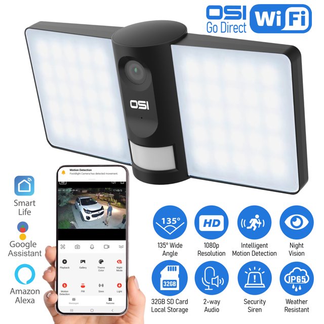 OSI Smart Wi-Fi Wireless Floodlight Security Camera Indoor-Outdoor 1080P HD, 2-way talk, Smart Motion, App Notification, Alexa & Google Assistant, Super Bright, Built-in Siren, Remote View