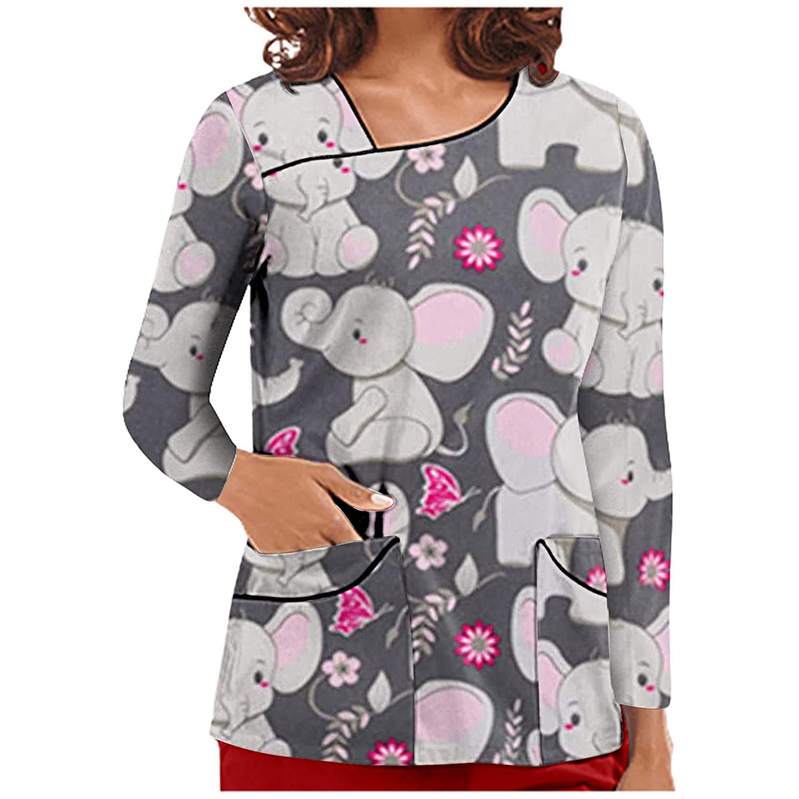 Pompotops Hauts à Col en V pour Femmes, Uniforme de Travail, T-Shirt Imprimé à Manches Longues avec Poches