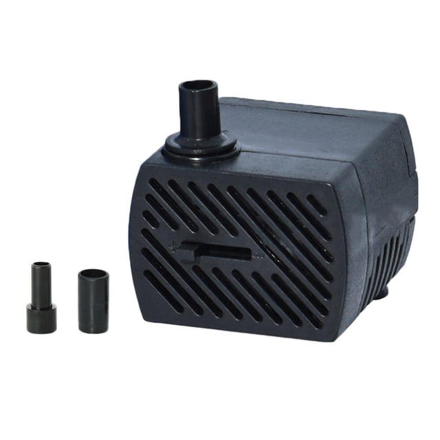 Mini Fish Tank Water Pump Submersible Pumps Fountain USBw Filter in a compact black design with vented front panel and two detachable nozzle attachments. Features silent operation, low power consumption, and eco-friendly design, ideal for tabletop fountains or indoor water features.
