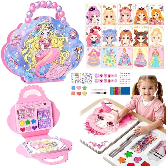 Special Diamond Painting & Princess Book Makeup Craft Kits, Foil Art Books Set Play on Paper, 4-in-1 Creative Dress Up Craft Kit for Reusable Makeup Sticker (Mermaid Princess)
