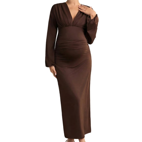 Maternity Maxi Dress, Long Sleeve V Neck Bodycon Dress, Soft Stretchy Knit Maternity Gown for Baby Shower, Photoshoot, Casual Outing