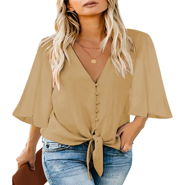 CHUANK Women‘s Button Down V Neck Tops Ruffled 3/4 Sleeve Tie Knot Front Blouses White Sizes S-2XL