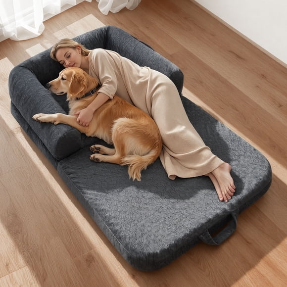VEVOR Human Dog Bed, 70.47 x 37.4 x 9.45 inch Orthopedic Memory Foam Human Sized Dog Bed, Humans Pet Beds with Side Pocket, Handle & Zipper, Removable Machine-Washable Dogs Beds for Humans, Dark Gray