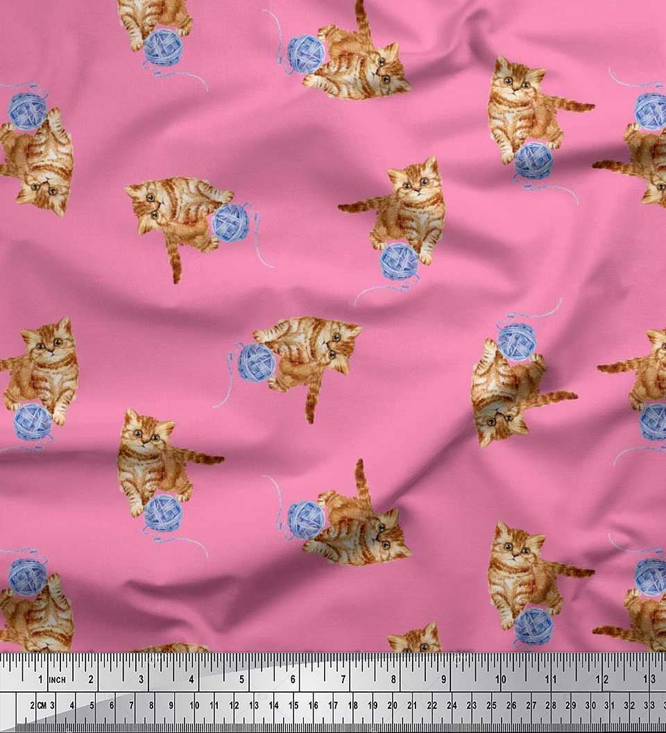Soimoi Cotton Cambric Fabric Wool & Cat Animal Printed Fabric 1 Yard 42 Inch Wide