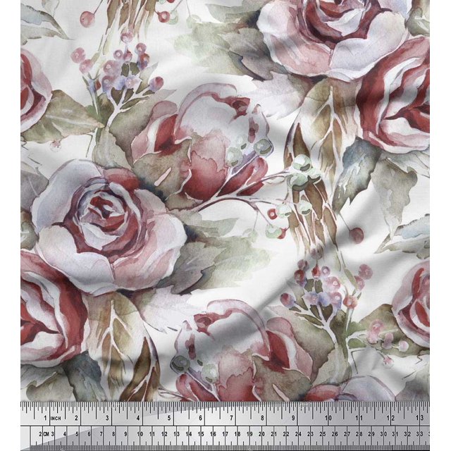 Soimoi Polyester Crepe Fabric Leaves & Rose Flower Print Fabric by The Yard 42 Inch Wide
