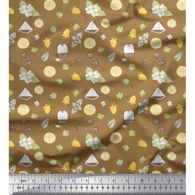 Soimoi Brown polyester Crepe Fabric Tea Bag,Star Anise & Lemon Slice Vegetable Fabric Prints By Yard 42 Inch Wide