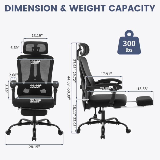 GloryStar Home Office Desk Chair with Footrest, High-Back Mesh Swivel Chair with Adjustable Lumbar Support Headrest, Computer Rolling Task Chairs for Home, Gaming Room