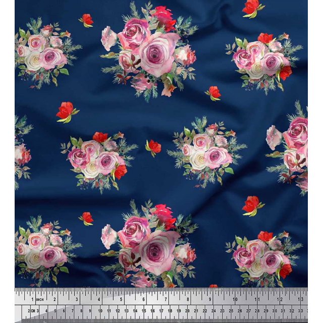 Soimoi Tissu Satin Modal Bleu Imprimé Feuilles d'Épices & Roses Floral au Mètre 42 Pouces de Large