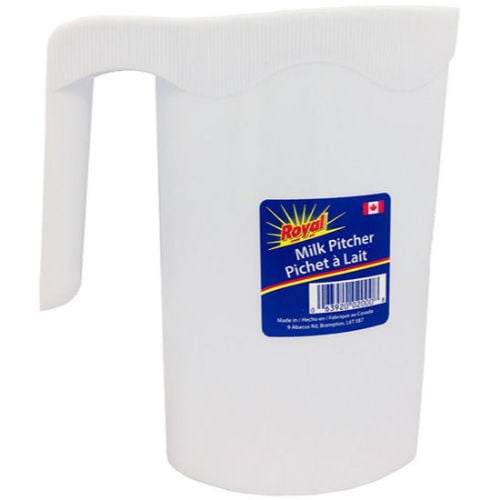 Pichet à Lait en Plastique ROYAL Support de Sac à Lait, Contenants à Liquide Outil de Cuisine, 1 Pce Vue Centrée Orientée vers l'Avant d'Un Seul Pichet à Lait en Plastique Blanc Translucide avec Bec Effilé et Poignée Intégrée Confortable pour un Versement Contrôlé; surface Lisse Facile à Nettoyer et Cylindre Haut compact Déclaré pour Contenir des Sacs à Lait de Taille Standard, Photographié sur un Fond Blanc Uni, Convient Aussi comme Verseur de sauce Ou de sauce gravy.