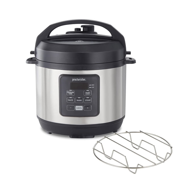 Proctor Silex 3 Quart Pressure Cooker 34503 with brushed stainless steel body and black lid with handle, featuring a digital control panel for pressure cook, slow cook, sauté, warm, and steam functions, accompanied by a round stainless steel trivet.