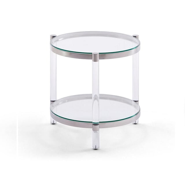 Home Gear Silver End Table with round tempered glass top and shelf, supported by clear tubular acrylic legs and a matte stainless steel frame, suitable as a durable living room side or accent table.