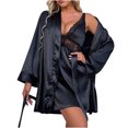 thumbnail image 1 of Yuyuzo Ensembles de Pyjamas en Satin pour Femmes, Cardigans à devant Ouvert avec Ceinture et Dentelle, Robe de Nuit à Col en V Profond, Peignoirs, 1 of 7