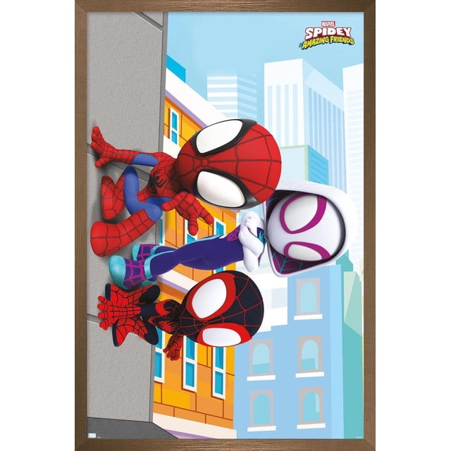 Marvel Spidey and His Amazing Friends - Affiche Murale Murale, 22,375 Pouces x 34 Pouces Représentant Trois Personnages Animés de Spider-Man en Rouge, Noir et Blanc-Violet, Grimpant sur un Mur de Construction Urbaine avec des Fenêtres Colorées et des Gratte-Ciel en Arrière-Plan, Imprimée sur Papier Lustré, Convient à la Décoration de Chambre Ou de Salle de Jeux.