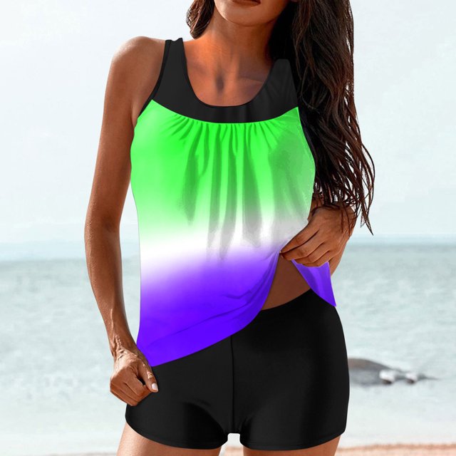UPPADA 2 Piece Full Coverage Swimsuits for Women Floral Athleti Crewneck Bathing Suits High Waisted Tummy Control Modest Swimwear Comfy Tankini Top with Shorts Purple,Xl