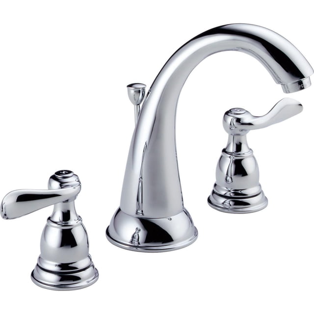 Peerless Two Handle Widespread Bathroom Faucet in Chrome with polished chrome finish, high arc spout, and two lever handles, includes matching drain assembly, WaterSense® certified for water savings, ADA compliant, designed for 3-hole 6-16 inch installation, suitable for budget-friendly bathroom upgrades.